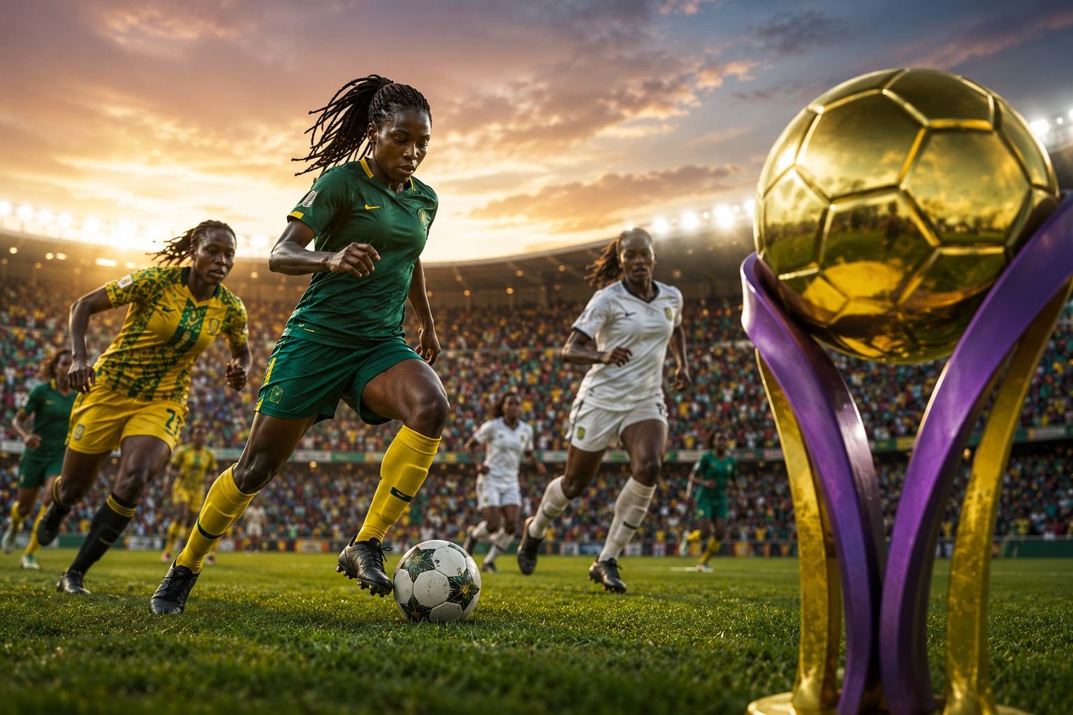 Women’s football players competing in a packed stadium during the Africa Cup of Nations knockout stage